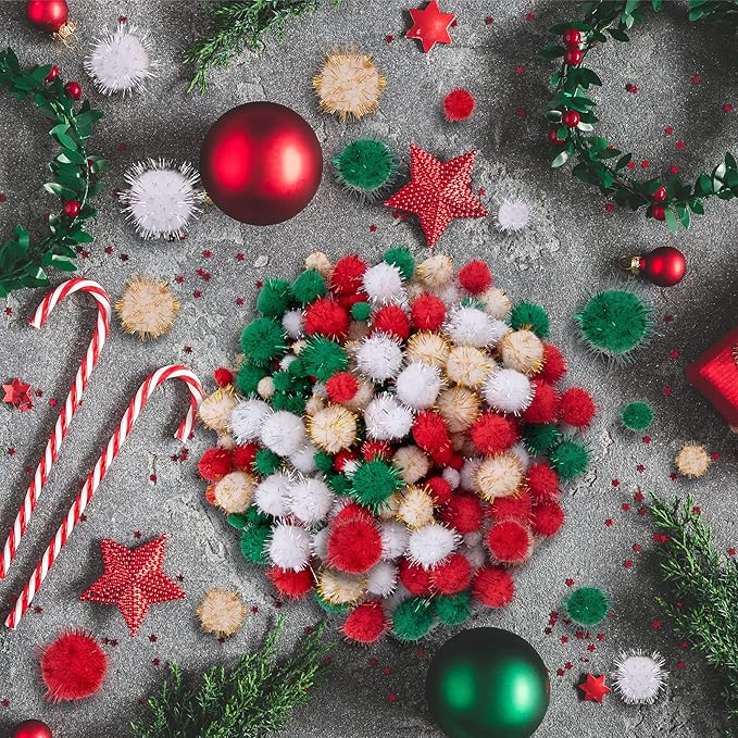 BQTQ 1500 Pieces Christmas Pom Pom Balls Glitter Tinsel Pom Pom for Craft Making and Christmas Decorations (4 Sizes, Gold, White, Green, Red)