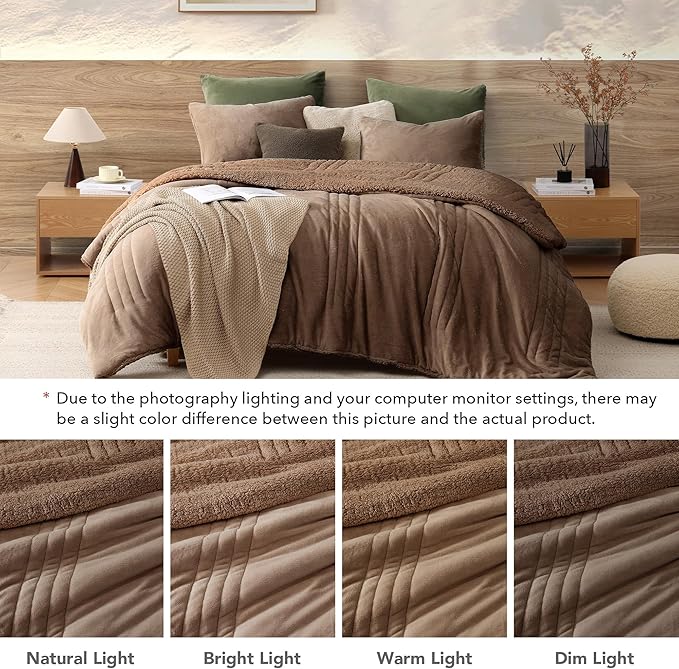Monbix Fluffy King Size Comforter Set Brown, Sherpa Plush Fuzzy Comforter 3 Piece for King Size Bed, Luxury Soft Winter Warm Bedding Set