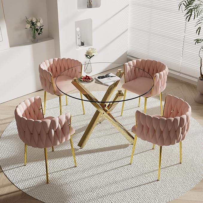 Golden Round Dining Table Set for 4, 39'' Clear Glass Top Dinner Table Set, 5 Pieces Modern Luxury Circle Kitchen Table and Pink Woven Chairs Set, Small Circular Dinette Set, for Apartment