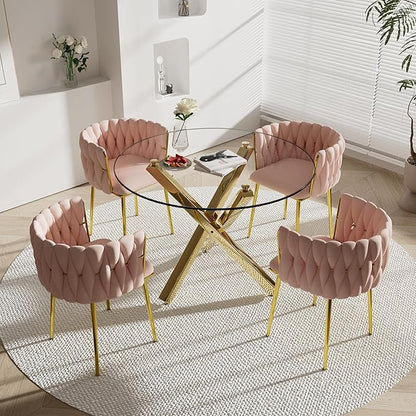 Golden Round Dining Table Set for 4, 39'' Clear Glass Top Dinner Table Set, 5 Pieces Modern Luxury Circle Kitchen Table and Pink Woven Chairs Set, Small Circular Dinette Set, for Apartment