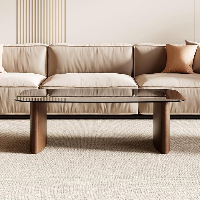 Modern Glass Coffee Table, Coffee Table for Living Room,Tempered Glass-top with Sturdy Wooden Base, Modern Coffee Tables for Small Space, Apartment, Office, Minimalist Design (Walnut)