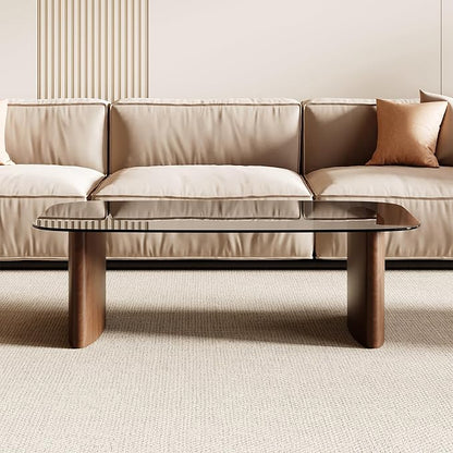 Modern Glass Coffee Table, Coffee Table for Living Room,Tempered Glass-top with Sturdy Wooden Base, Modern Coffee Tables for Small Space, Apartment, Office, Minimalist Design (Walnut)