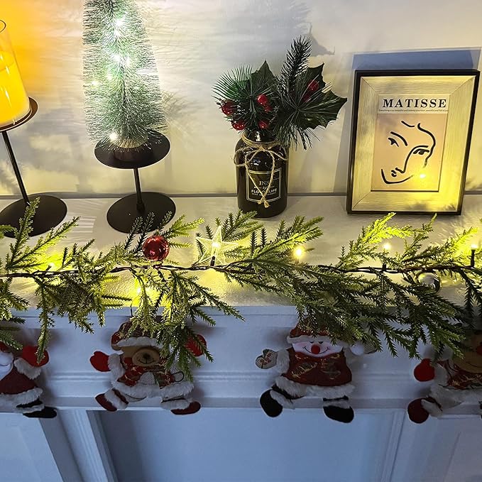 6 FT Artificial Christmas Pine Garland, Battery Operated 20 Warm Lights with Timer, Faux Greenery Spruce with Red Gold Ornaments and Stars, Holiday Decoration for Mantel Stair Doorway