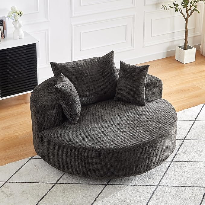 KEIKI 55" Oversized Swivel Accent Chair, Large Barrel Chairs Upholstered Round Swivel Chair, Chenille Single Sofa Armchair, Sleeper Chair for Living Room, Lounge, Black