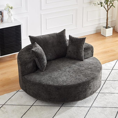KEIKI 55" Oversized Swivel Accent Chair, Large Barrel Chairs Upholstered Round Swivel Chair, Chenille Single Sofa Armchair, Sleeper Chair for Living Room, Lounge, Black