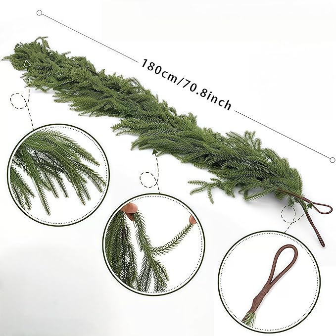 Christmas Decorations Artificial Norfolk Pine Garlands 6FT, Real Touch Winter Pine Garland, Green Artificial Greenery Garland for Table, Mantle, Wall, Indoor, Outdoor Decorations