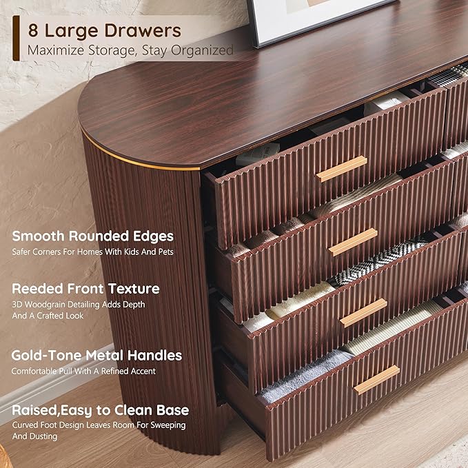 Fluted 8 Drawer Dresser for Bedroom with Curved Profile Design,53.9" W Wide Chest of Drawers with Reeded Front Panels,Wide Storage Cabinet with Smooth-Glide Drawers for Living Room,Brown Oak