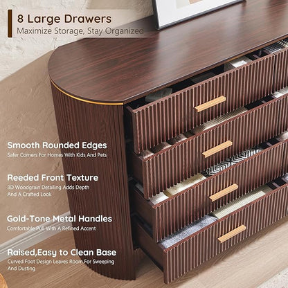 Fluted 8 Drawer Dresser for Bedroom with Curved Profile Design,53.9" W Wide Chest of Drawers with Reeded Front Panels,Wide Storage Cabinet with Smooth-Glide Drawers for Living Room,Brown Oak