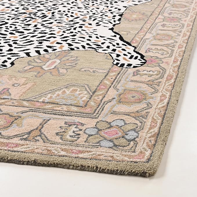 Handmade Leopard Wool Area Rug with Traditional Oushak Motif – Exquisite Animal Print Cheetah Rugs for Living Room, Bedroom | Plush Texture, Vintage Style, Thick & Durable Carpet (Neutral, 6' x 9')