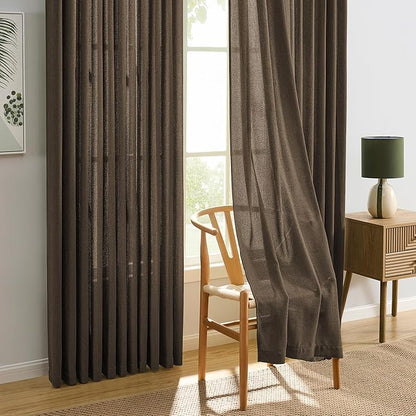Brown Pleated Linen Curtains 84 Inches Long Farmhouse Semi Sheer Memory Trained Shape Pinch Pleat Drapes with Hooks Back Tab Ripple Fold Curtain for Bedroom Living Room 42x84