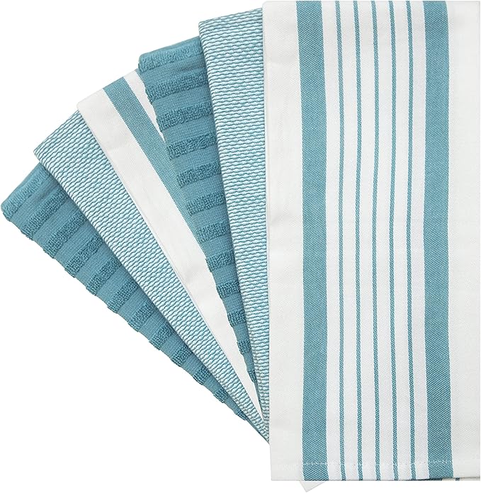 Premium Kitchen Towels 6 Pack Large Cotton Flat Terry Absorbent Tea Towels with Hanging Loop Aqua Striped 20x28