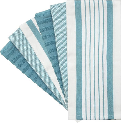 Premium Kitchen Towels 6 Pack Large Cotton Flat Terry Absorbent Tea Towels with Hanging Loop Aqua Striped 20x28
