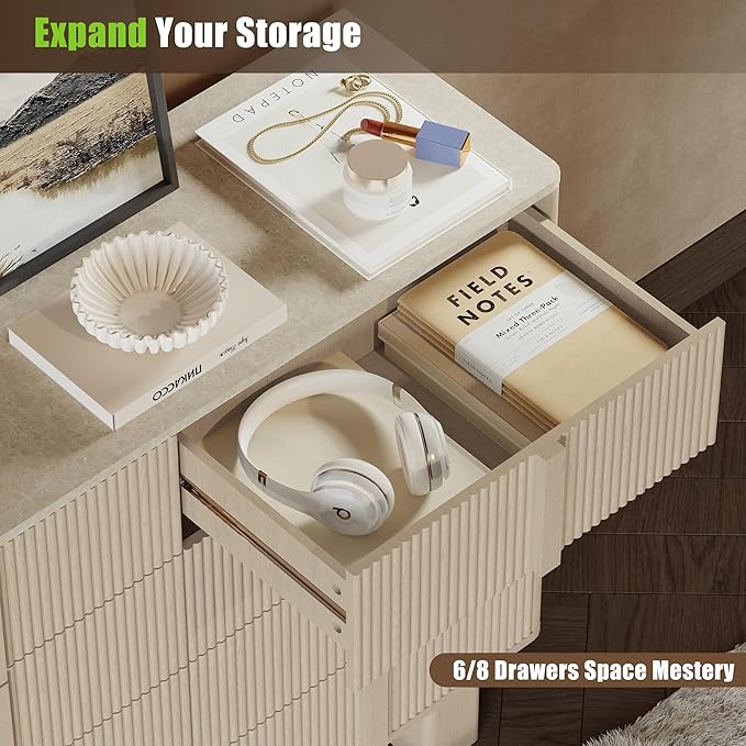 Fluted Dresser for Bedroom with 8 Drawers, 47" Wide Modern Chest of Drawers with Wooden Handle, Wooden Dresser TV Stand, Wood Closet Clothes Storage Organizer for Living Room, Hallway, Whitewashed oak