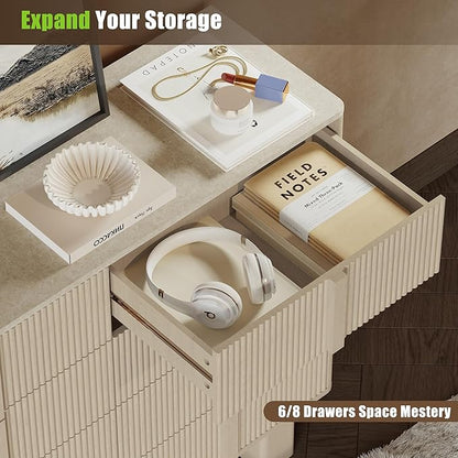 Fluted Dresser for Bedroom with 8 Drawers, 47" Wide Modern Chest of Drawers with Wooden Handle, Wooden Dresser TV Stand, Wood Closet Clothes Storage Organizer for Living Room, Hallway, Whitewashed oak