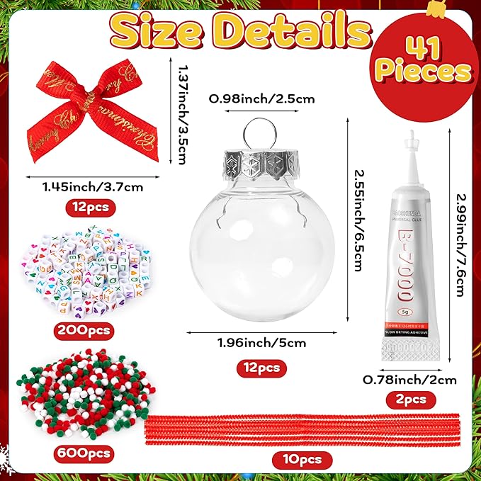 Y1tvei Christmas Ornament Ball Kit - 41Pcs Clear Plastic Fillable DIY Beads Craft Set Pipe Cleaners Pom Poms and Bows Letter Bead Charms Christmas Decor Design, Handmade Making for Party Birthday Gift
