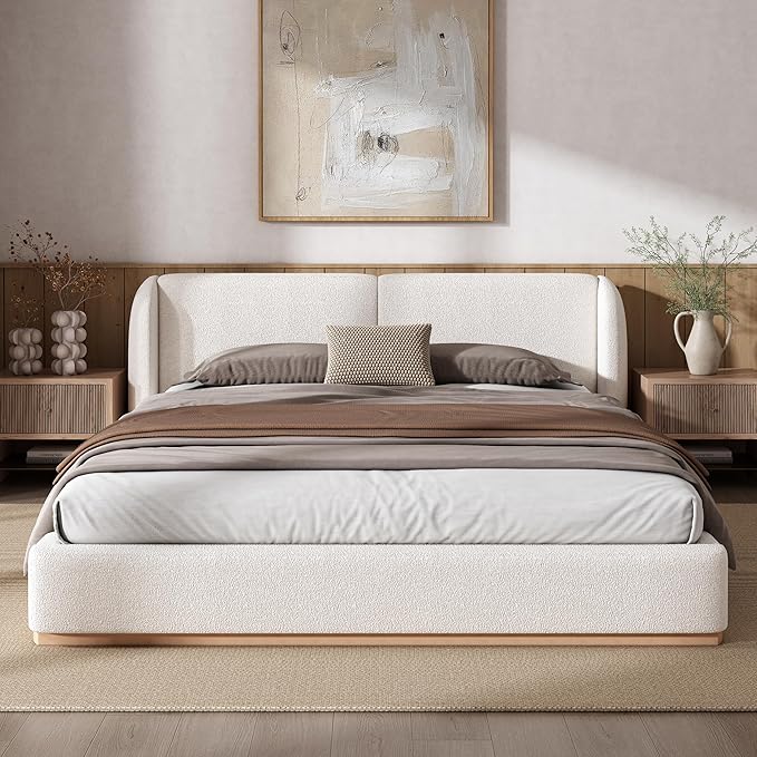 Queen Size Bed Frame, Upholstered Cloud Boucle Platform Beds Frames with Headboard, Anti-Collision Soft Rounded Corners Footboard, No Box Spring Required, Easy Assembly (36" White, Queen)