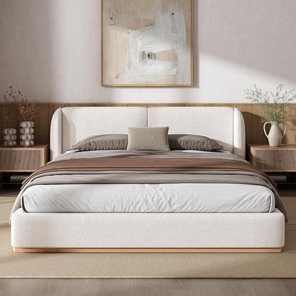 Queen Size Bed Frame, Upholstered Cloud Boucle Platform Beds Frames with Headboard, Anti-Collision Soft Rounded Corners Footboard, No Box Spring Required, Easy Assembly (36" White, Queen)