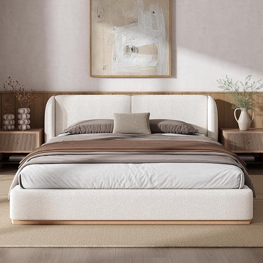 Queen Size Bed Frame, Upholstered Cloud Boucle Platform Beds Frames with Headboard, Anti-Collision Soft Rounded Corners Footboard, No Box Spring Required, Easy Assembly (36" White, Queen)