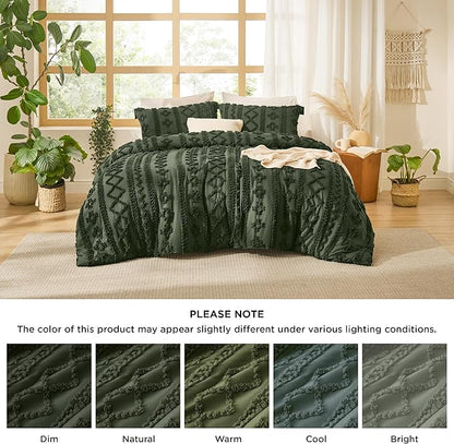 Bedsure Tufted Boho Comforter Set Oversized King - Olive Green Boho Bed Set, GentleSoft™ 3 Pieces Farmhouse Shabby Chic Embroidery Bedding, Gifts for Woman, Soft Jacquard Comforter for All Seasons