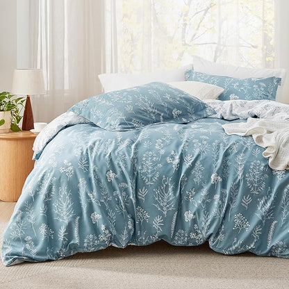 Bedsure Full Comforter Set - Mineral Blue Bed Set, 3 Pieces Cute Floral Bedding, 1 Soft Reversible Botanical Flowers Comforter and 2 Pillow Shams