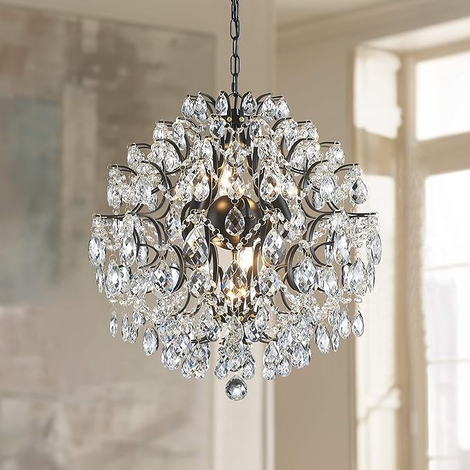 Bestier Modern Pendant Black Chandelier Crystal Raindrop Lighting Ceiling Light Fixture Lamp for Dining Room Bathroom Bedroom Livingroom 6 E12 Bulbs Required D19 in x H21 in