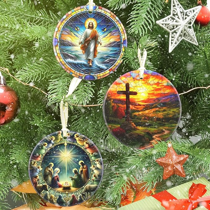 Cross 3.5 Inch Ceramic Christmas Hanging Ornament - Cross Ornament for Christmas Tree, Gift Exchange or Holiday Presents