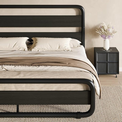 SHA CERLIN Queen Size Metal Bed Frame with Wooden Headboard and Footboard, Heavy Duty Oval-Shaped Platform Bed with Under-Bed Storage, Noise Free, No Box Spring Needed, Black
