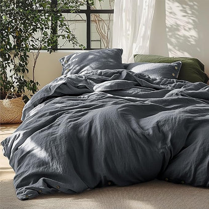 Bedsure Linen Duvet Cover Queen - Linen Cotton Blend Bedding Set, Soft & Cozy, 3 Pieces, 1 Duvet Cover 90x90 Inches and 2 Pillowcases, Charcoal Grey Color Cooling Bedding, Comforter Sold Separately
