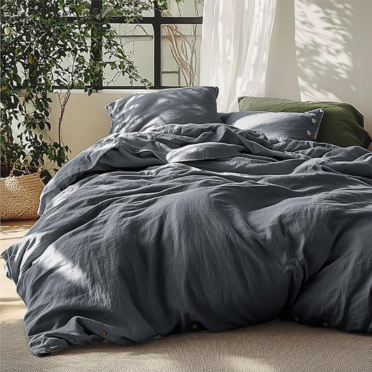 Bedsure Linen Duvet Cover Queen - Linen Cotton Blend Bedding Set, Soft & Cozy, 3 Pieces, 1 Duvet Cover 90x90 Inches and 2 Pillowcases, Charcoal Grey Color Cooling Bedding, Comforter Sold Separately