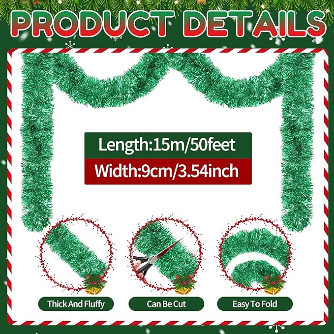 50 Ft Christmas Tinsel Garland Green Thick Tinsel Garland Xmas Tree Decorations Metallic Tinsel Twist Garland for Christmas, Birthday, Party Decor Indoor Outdoor Party Supplies