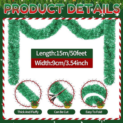 50 Ft Christmas Tinsel Garland Green Thick Tinsel Garland Xmas Tree Decorations Metallic Tinsel Twist Garland for Christmas, Birthday, Party Decor Indoor Outdoor Party Supplies