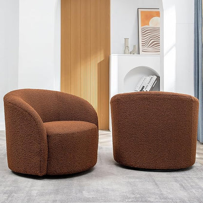 KINWELL 34" W Swivel Barrel Chair Set of 2, Mid Century Modern Round Upholstered Boucle Swivel Accent Chairs, No Assembly Chair for Living Room Bedroom Reading, Brown