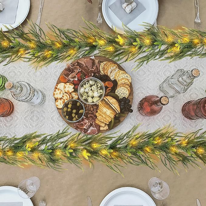 6 FT Artificial Christmas Norfolk Pine Garland, Real Touch Pine Garland with 20 LED Lights, Mixed with Noble Fir, ‌Heavier and Larger, Timer, Perfect for Table Window Mantel Indoor Outdoor