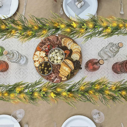 6 FT Artificial Christmas Norfolk Pine Garland, Real Touch Pine Garland with 20 LED Lights, Mixed with Noble Fir, ‌Heavier and Larger, Timer, Perfect for Table Window Mantel Indoor Outdoor