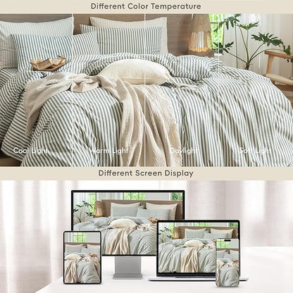 MooMee Striped Duvet Cover Set 100% Washed Cotton Linen Like Textured Breathable Durable Soft Comfy (Heathered Green Classic Stripes, Alaska King 132"x120")