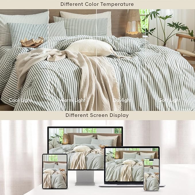 MooMee Striped Duvet Cover Set 100% Washed Cotton Linen Like Textured Breathable Durable Soft Comfy (Heathered Green Classic Stripes, Super Queen 90"x98")