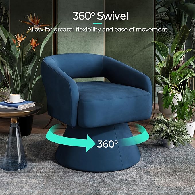 LINSY Swivel Barrel Chair, 360 Modern Swivel Accent Chair Boucle Swivel Chair Round Blue Velvet Chairs with Arms, Small Barrel Chair for Small Spaces Bedroom Living Room