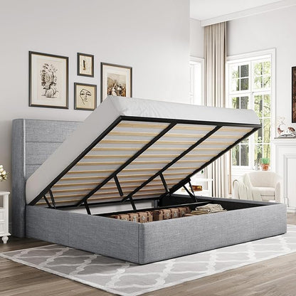 Allewie King Size Lift Up Storage Bed, Modern Wingback Headboard, Hydraulic Support, No Box Spring Needed, Light Grey