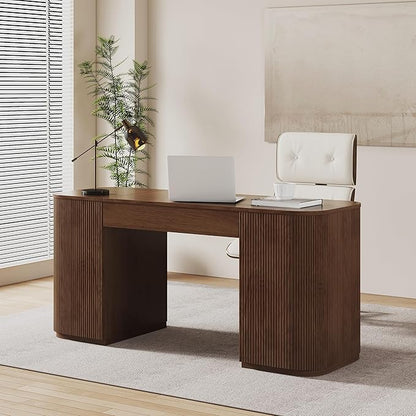 homary Modern 59.8" Standing Desk with Lift-Top & Ample Storage, Fluted Engineered Wood Home Office Desk with 2 Doors, Walnut
