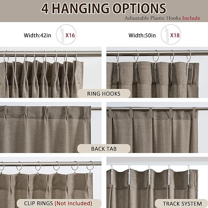 RAIN CITY 86 Inch Long Pinch Pleated Curtains Custom Length, Back Tab with Hooks Linen Textured Curtains for Living Room Bedroom 50 x 86, Khaki