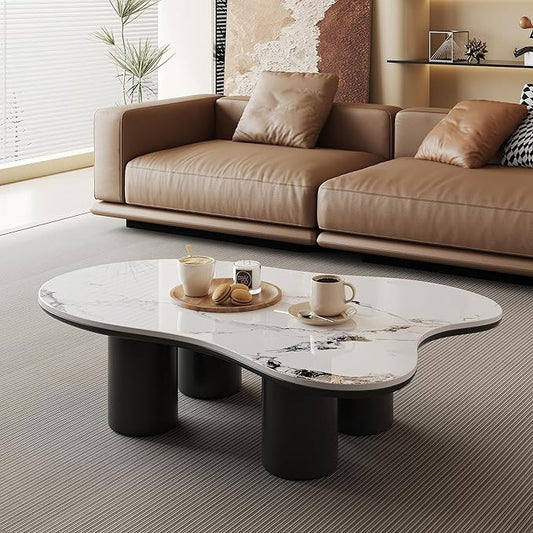 Modern Coffee Table for Living Room, 48.42" Cloud Coffee Table with White Sintered Stone Top, Large Living Room Table Unique Tea Table for Home Office