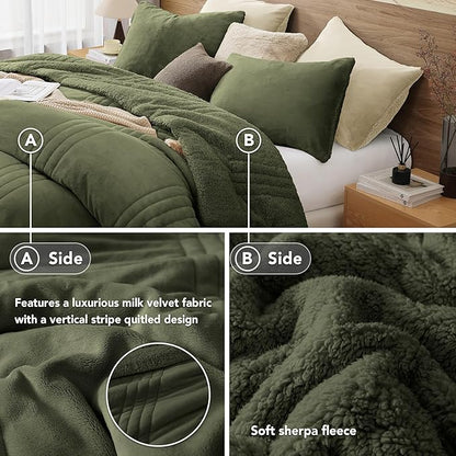 Monbix Fluffy Queen Comforter Set Olive Green, Sherpa Plush Fuzzy Comforter 3 Piece for Queen Size Bed, Luxury Soft Winter Warm Bedding Set