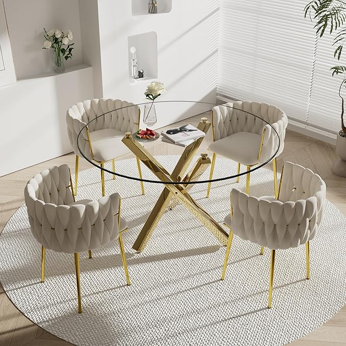 5 Pieces Round Glass Dining Table Set, 47'' Modern Luxury Circle Kitchen Table Set for 4, Minimalist Clear Circular Top Dinner Set with Ivory Woven Chairs Set, for Large Place Home (Golden)