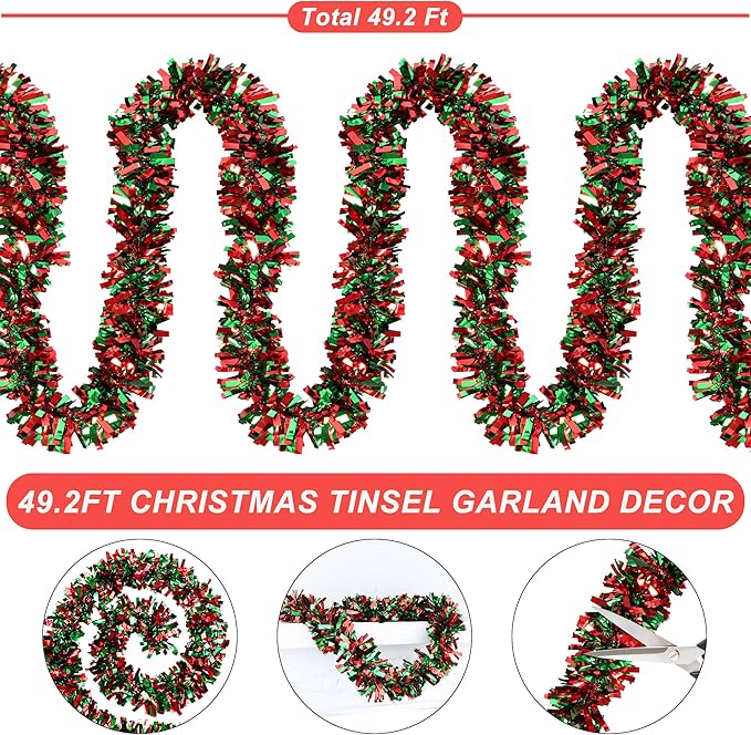 50 Feet Christmas Tinsel Garland for Christmas Tree Decorations, Red Green Metallic Twist Shiny Hanging Xmas Garlands for Stairs Mantle Fireplace Home Indoor Outdoor Holiday Party Suppliers Decor