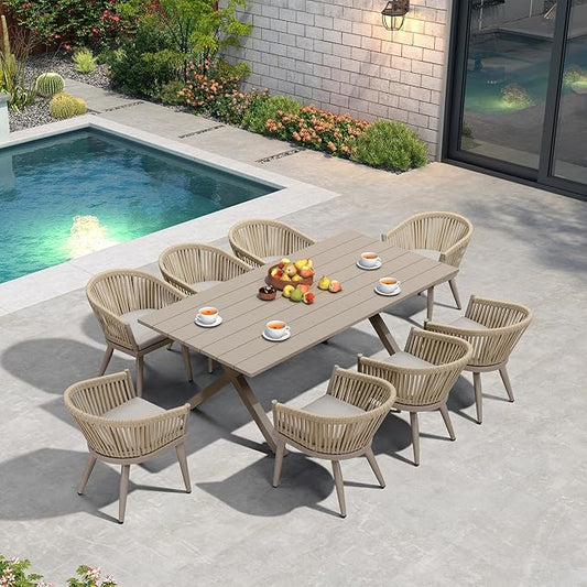 PURPLE LEAF 9 Pieces Outdoor Dining Set with Patio Aluminium Dining Table and Wicker Rattan Chairs Modern Furniture Cushions Sets for Backyard Indoor Decor Kitchen Champagne
