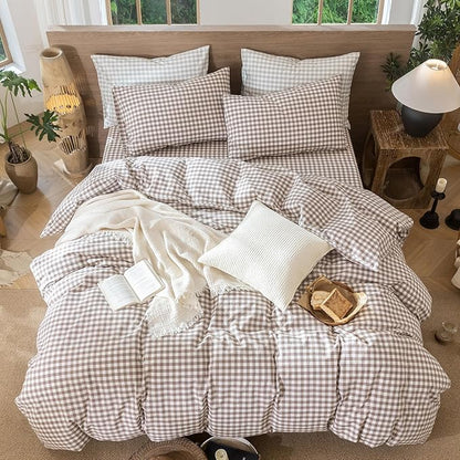 MooMee Gingham Duvet Cover Set 100% Washed Cotton Linen Like Textured Breathable Durable Soft Comfy Modern Checkered Design (Brown Gingham, Super King 108"x98")