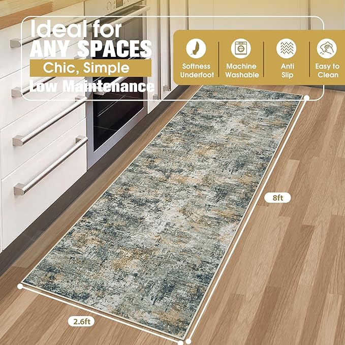 Runner Rug for Hallways Kitchen 2'6"x8' Washable Non Slip: Carpet Non Skid 8ft Entryway Rubber Backed 8 Feet Neutral Abstract Modern Rug Low Pile Pet Friendly Indoor Multi