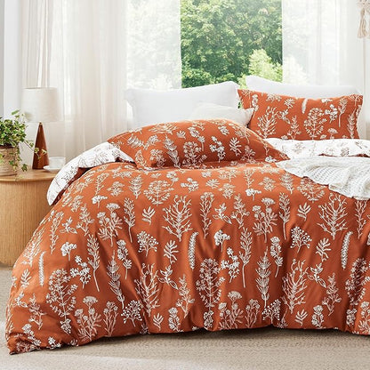 Bedsure Queen Comforter Set - Terracotta Bed Set, 3 Pieces Cute Floral Bedding, 1 Soft Reversible Botanical Flowers Comforter and 2 Pillow Shams