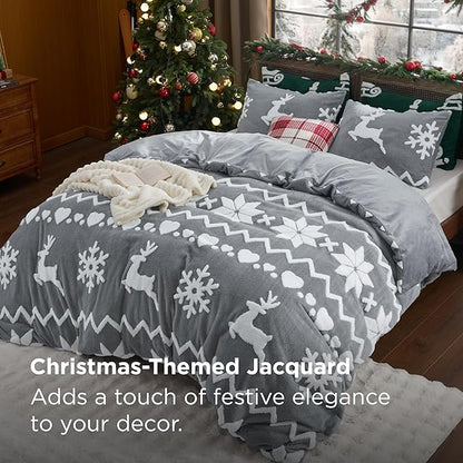 Bedsure Fluffy Christmas Duvet Cover Set - Ultra Soft Plush Shaggy Comforter Cover Queen Size, Warm Flannel Fleece Bed Sets for Winter, 3 Pieces, Reindeer Pattern, Grey