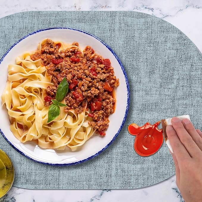 Placemats for Dining Table Set of 6 Non-Slip, Heat Resistant Oval Leather Placemat Double Layer, Waterproof Table Mats Easy to Clean for Kitchen Dining Room, Light Blue